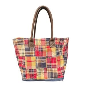 L.L. Bean Patchwork Plaid Canvas Boat & Tote Bag Madras Leather Handles